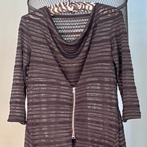 Komarov Women' s Knit Asymmetrical Black Grey Top Zipper Front Deep Cowl Neck S